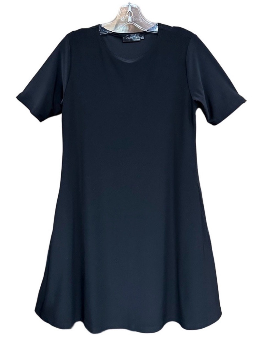 Sympli black aline day dress Size 8 short sleeve round neck Travel Minimalist